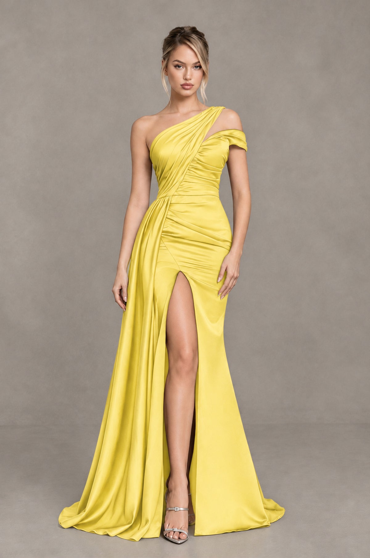 BOLODOO Yellow Asymmetric Ruched Formal Evening Dress - Yellow - Yellow_1