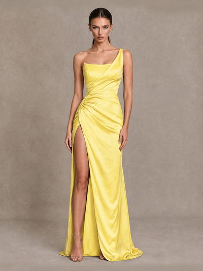 BOLODOO Yellow One Shoulder Satin Evening Gown with High Slit and Sweep Train - Yellow - Yellow_1