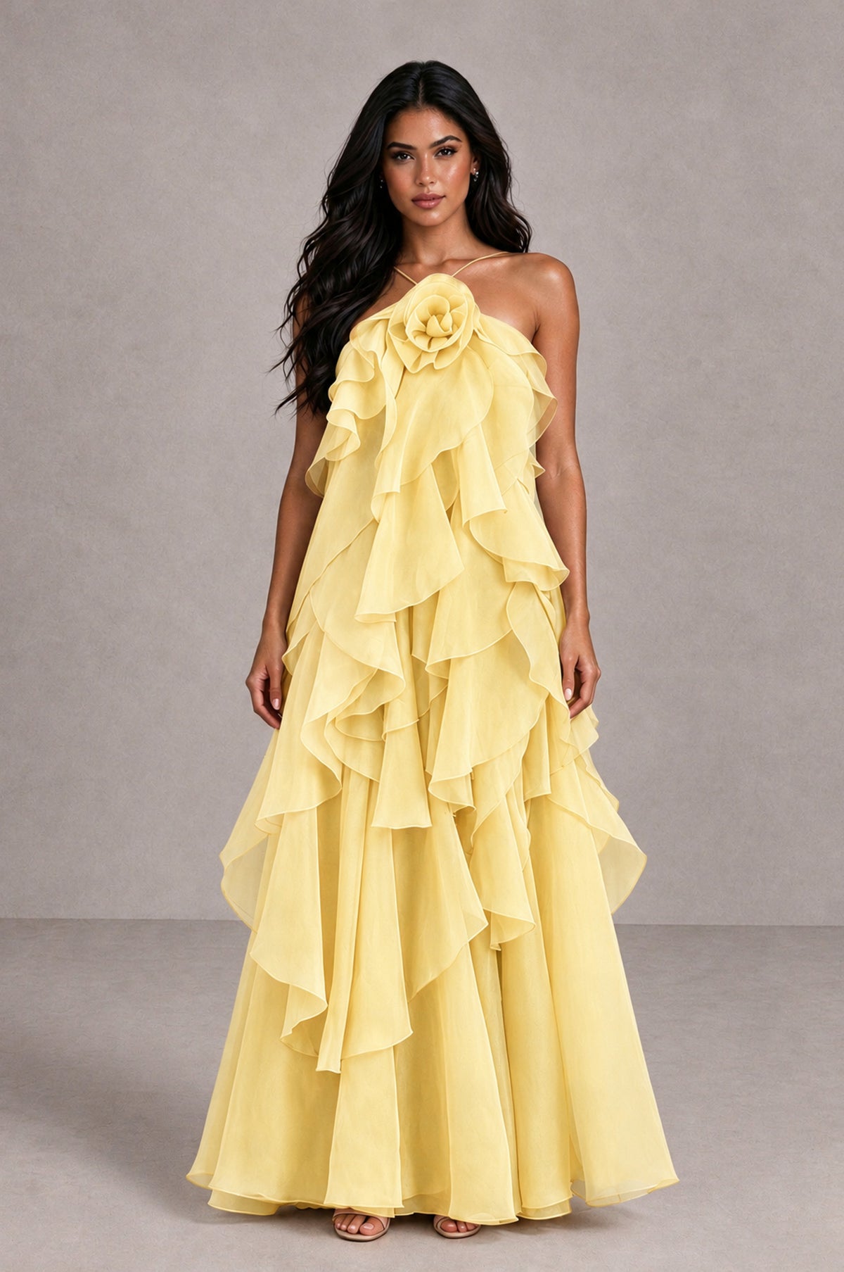 BOLODOO Yellow Cascading Ruffle Rosette Open-Back Maxi Dress - Yellow - Yellow_1
