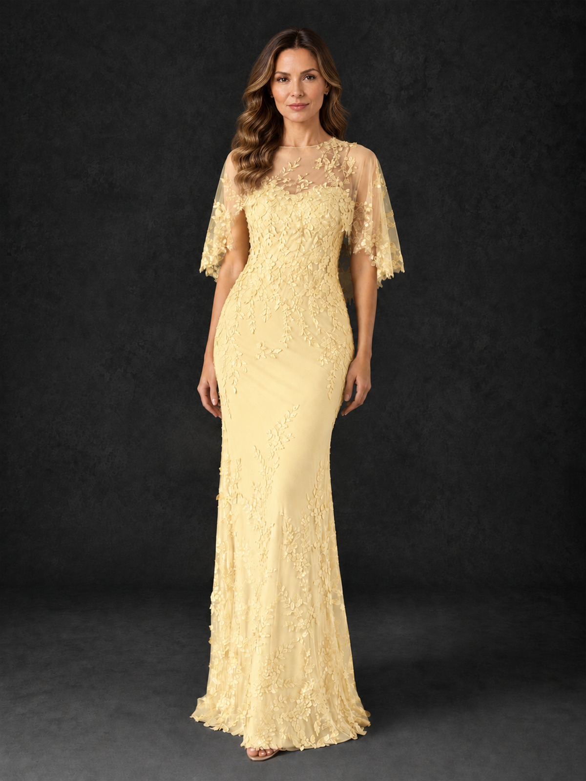 BOLODOO Yellow Botanical Lace Flutter Sleeve Mermaid Gown - Yellow - Yellow_1