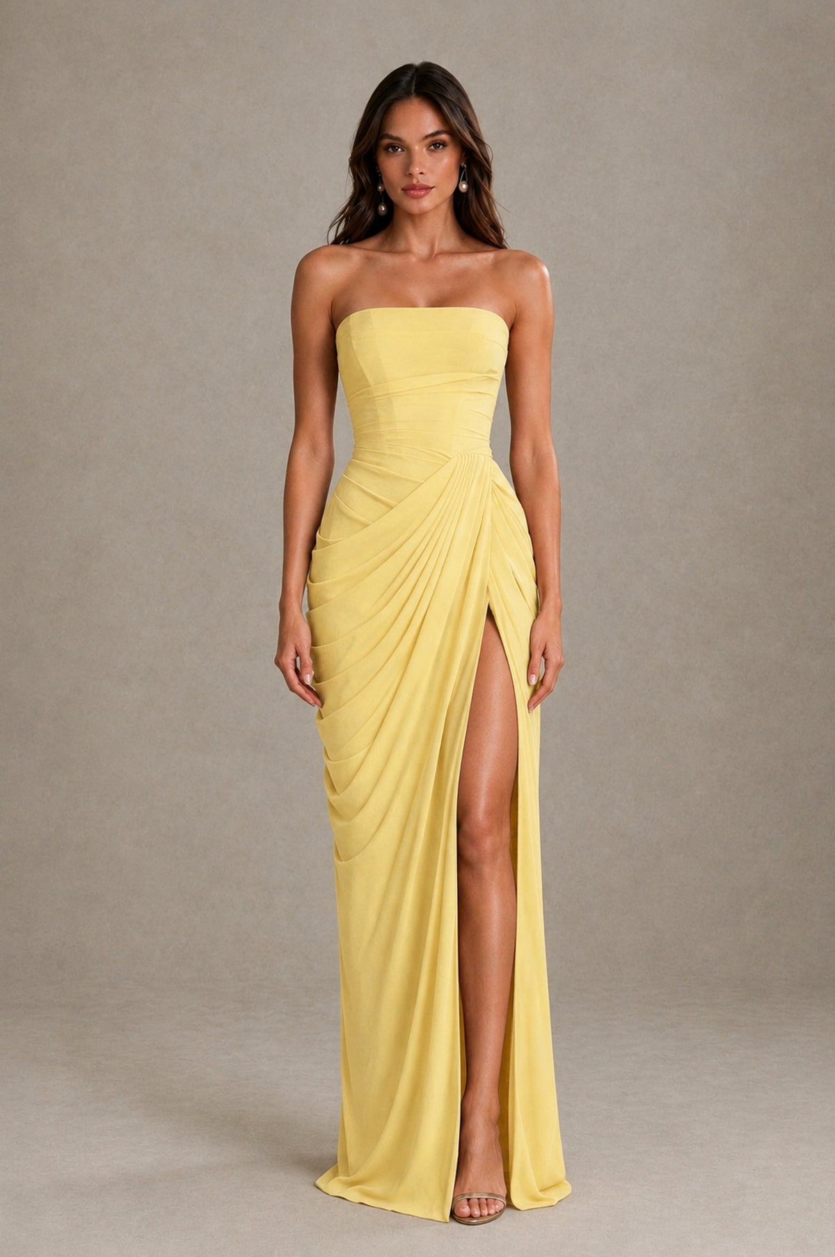 BOLODOO Strapless Draped Maxi Dress - Yellow Backless Evening Gown with High Slit - Yellow - Yellow_1