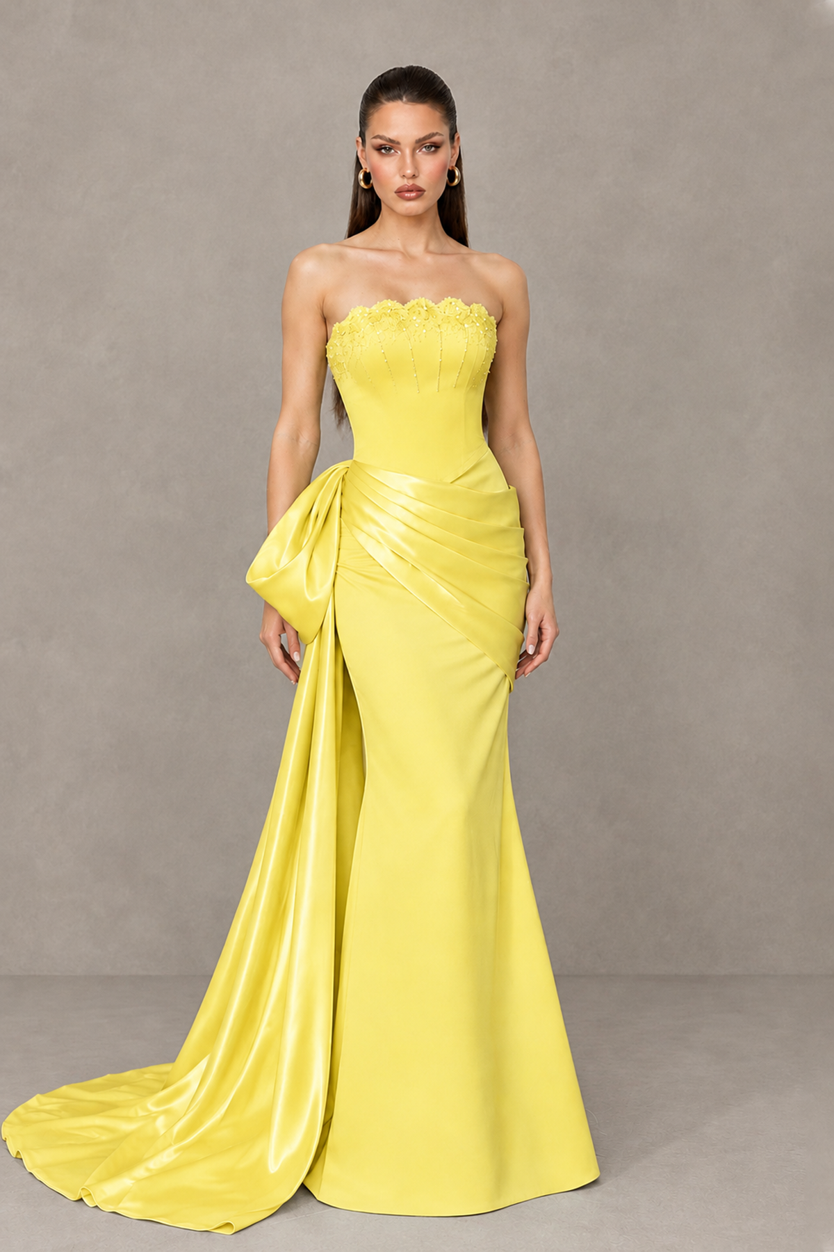 BOLODOO Yellow Strapless Satin Prom Dress with Draped Side Train - Yellow - Yellow_1