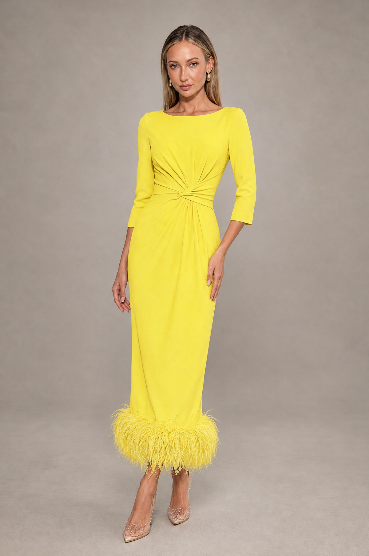 BOLODOO Yellow Feather-Trim Twist-Waist Midi Dress - Yellow - Yellow_1