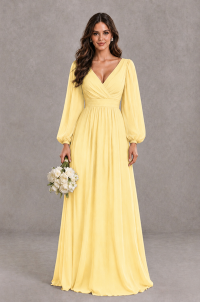 BOLODOO Yellow Long Sleeve V-Neck A-Line Bridesmaid Dress - Yellow - Yellow_1