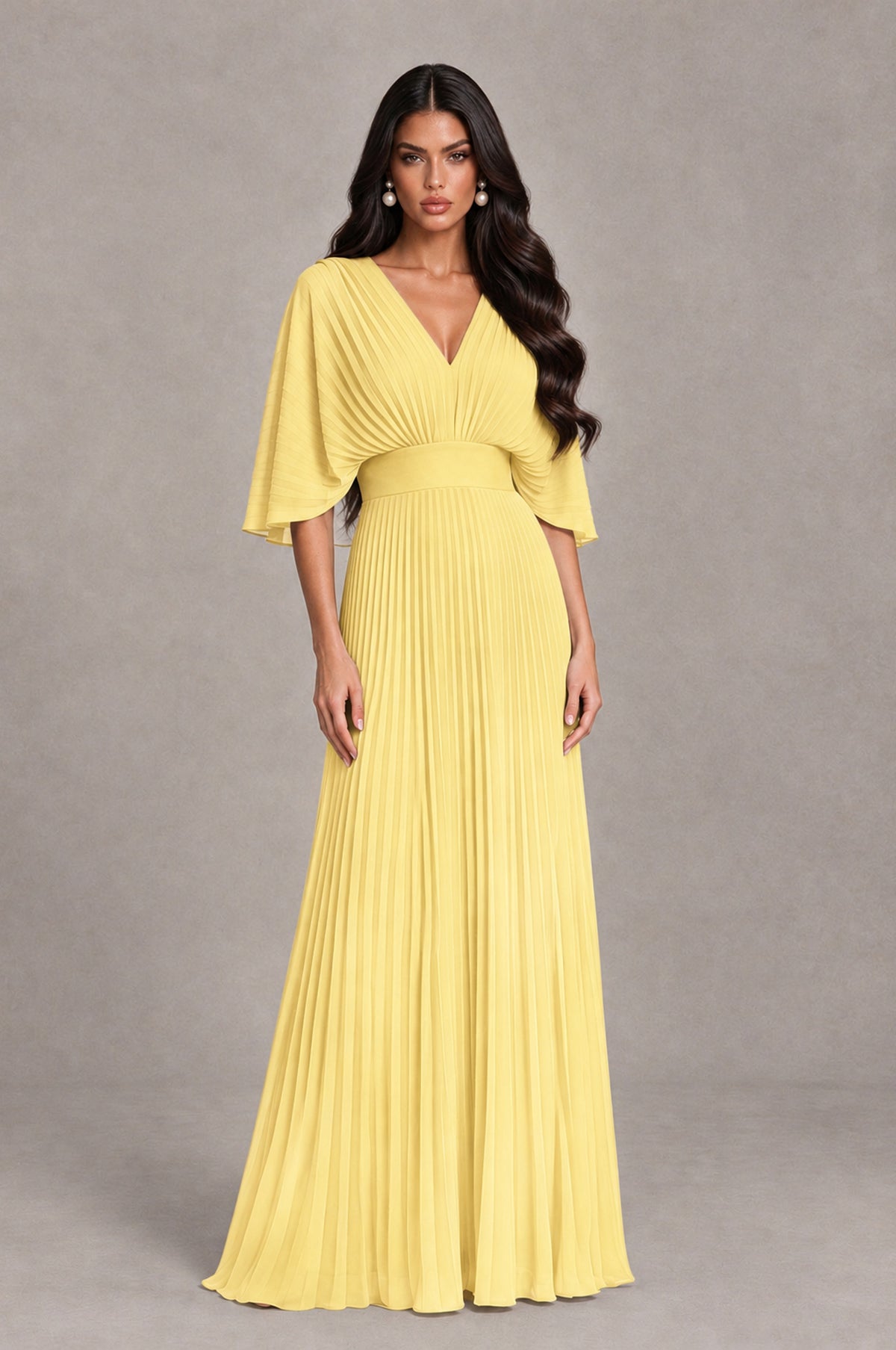BOLODOO Yellow V-Neck Pleated Flutter Sleeve Formal Dress - Yellow - Yellow_1