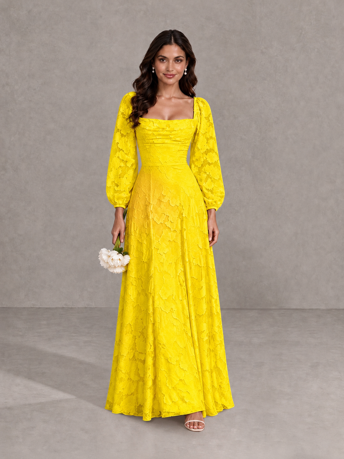 BOLODOO Yellow Floral Long Sleeve A-Line Bridesmaid Dress - Yellow - Yellow_1