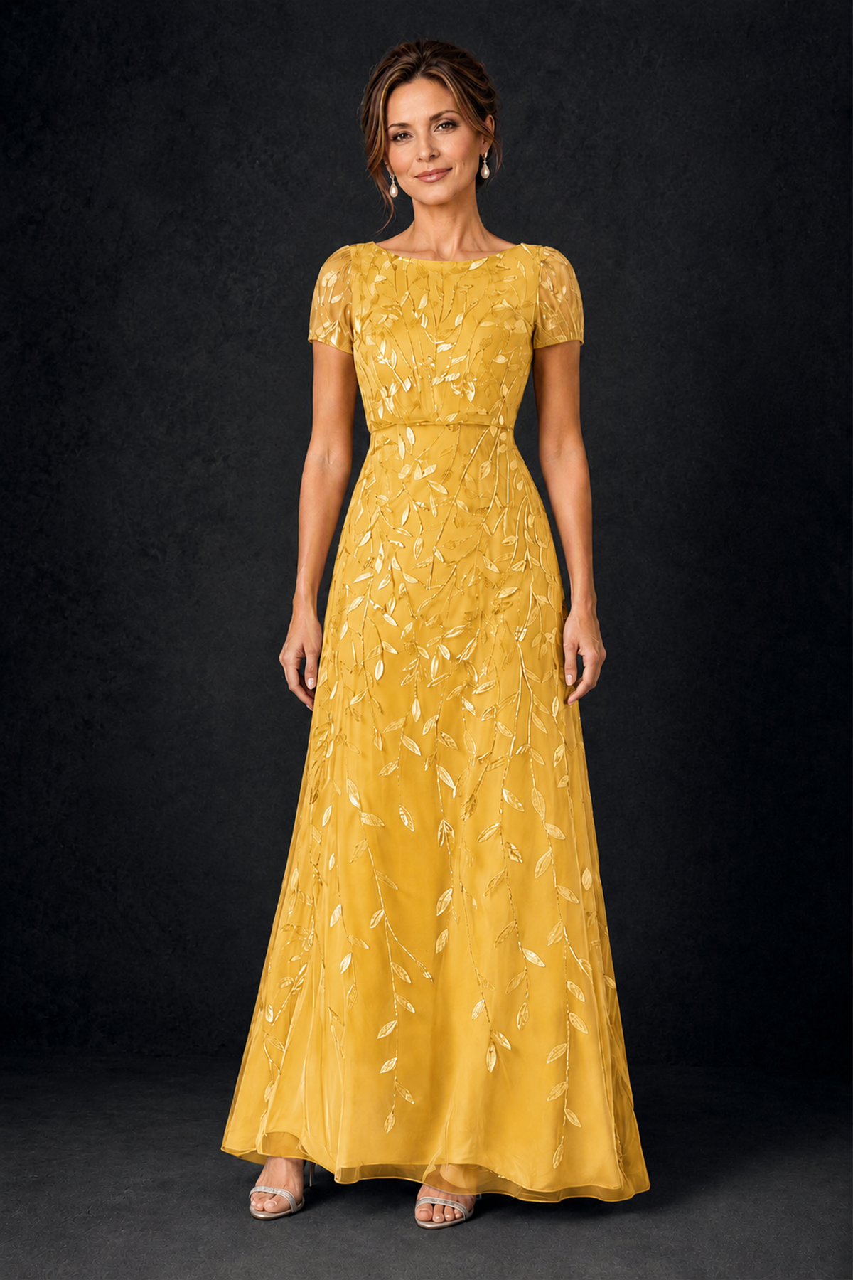 BOLODOO Yellow Leaf Embroidered A-Line Formal Gown with Cap Sleeves - Yellow - Yellow_1