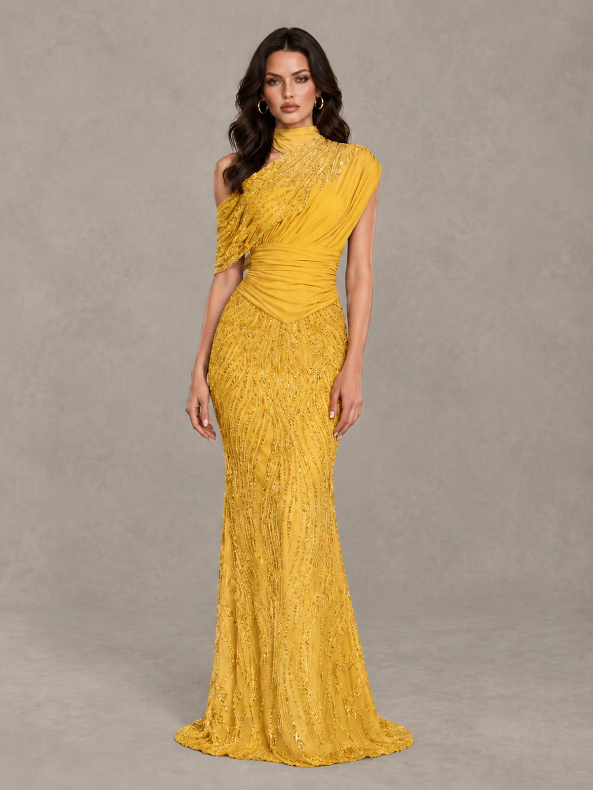 BOLODOO Yellow High Neck Draped Sequin Mermaid Evening Gown - Yellow - Yellow_1