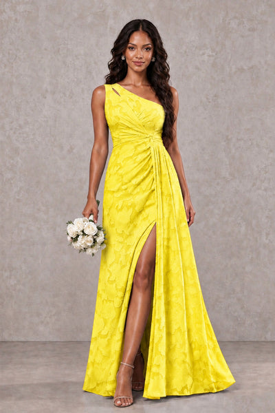 BOLODOO Yellow One-Shoulder Floral Textured Maxi Dress with High Slit - Yellow - Yellow_1