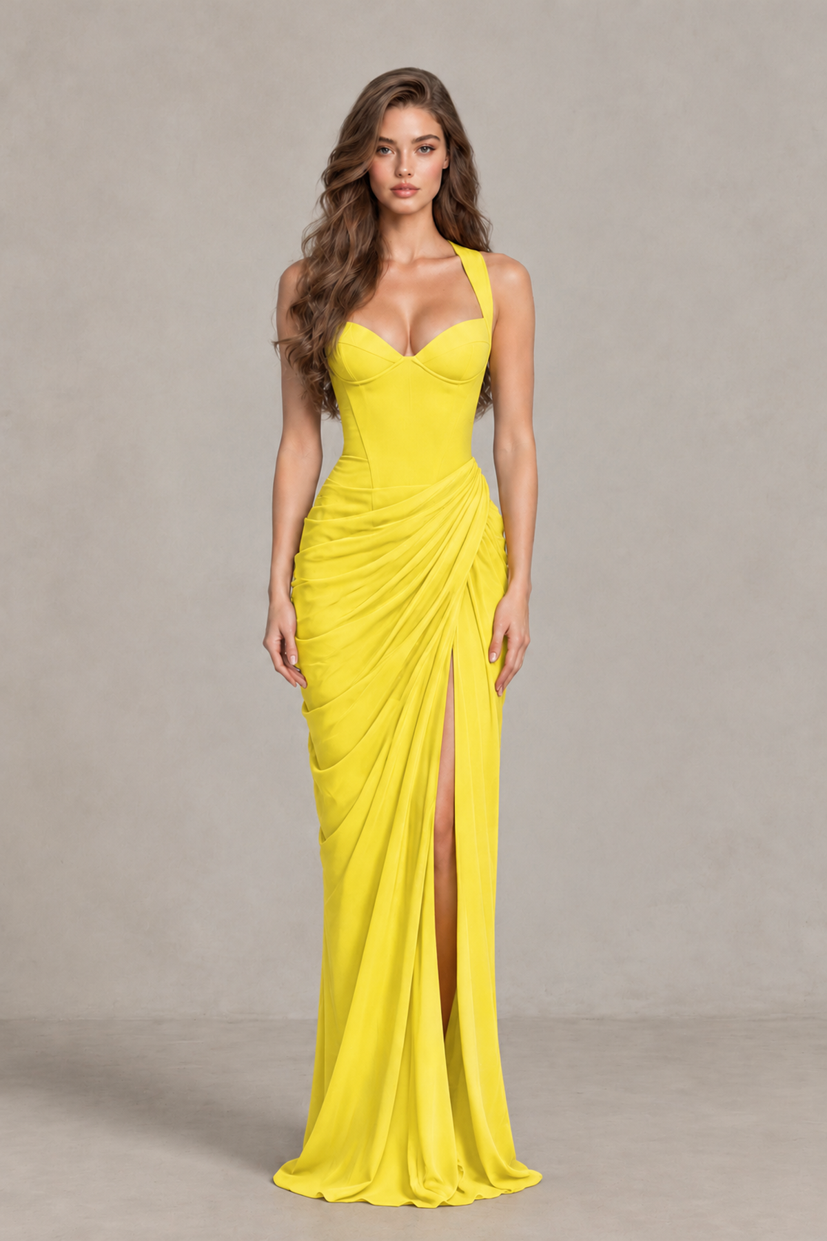 BOLODOO Yellow Sweetheart Maxi Dress with High Slit - Yellow - Yellow_1