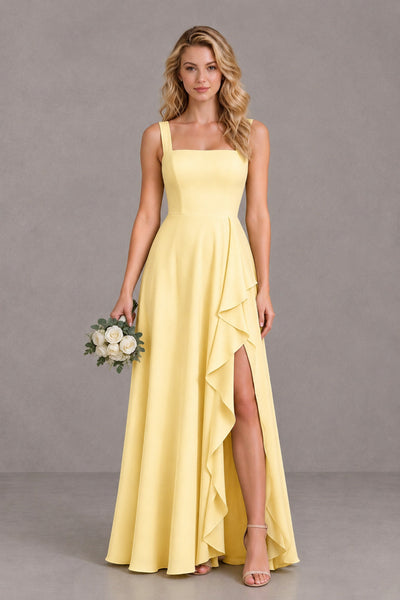 BOLODOO Yellow Square Neck Ruffle A-Line Bridesmaid Dress with Slit - Yellow - Yellow_1