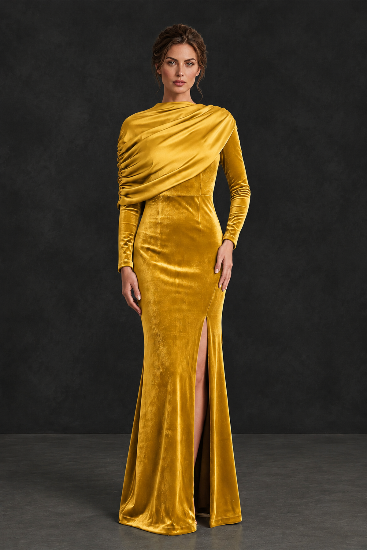 BOLODOO Yellow Velvet Long Sleeve Draped Mother of the Bride Dress - Yellow - Yellow_1