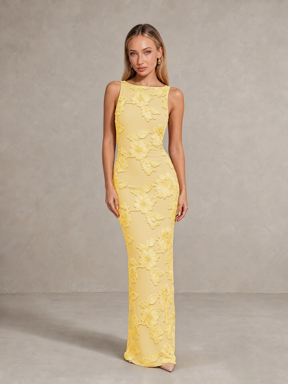 BOLODOO Yellow Floral Sleeveless Maxi Wedding Guest Dress - Yellow - Yellow(1)