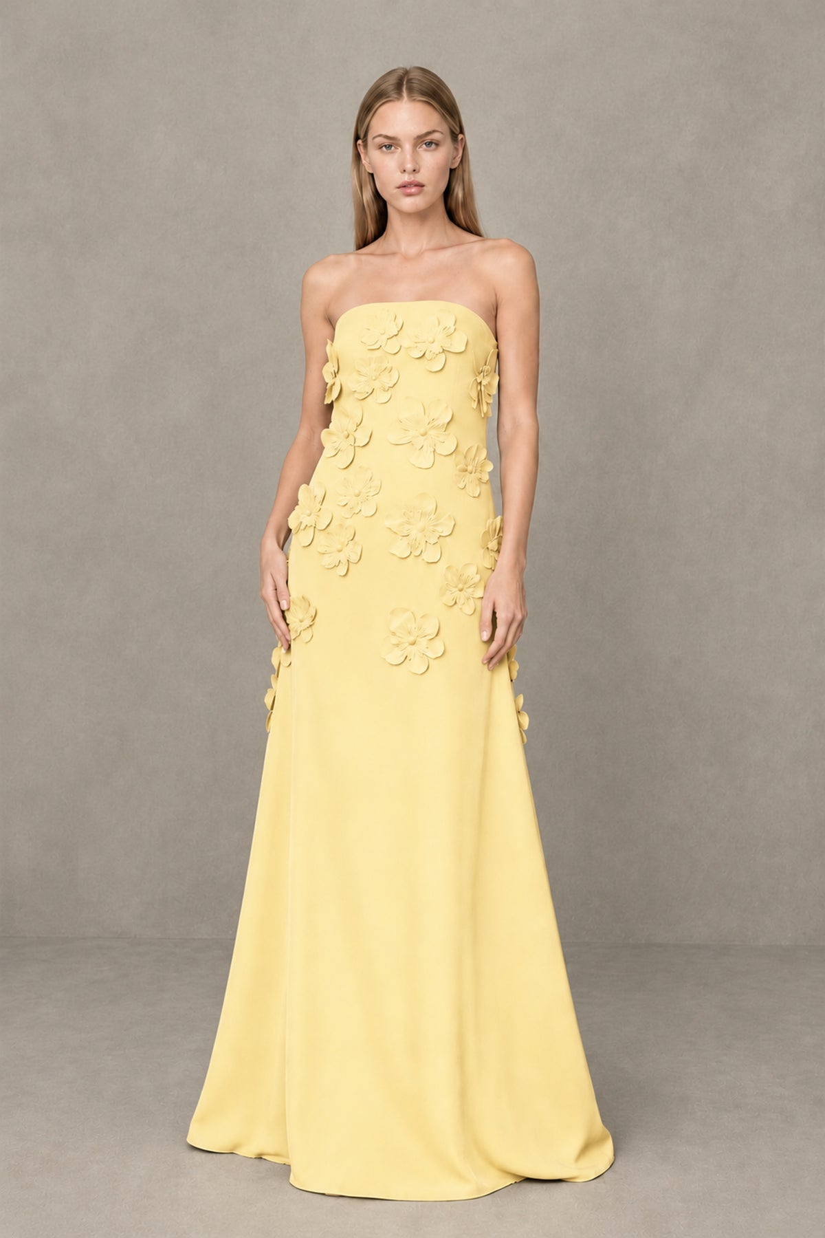 BOLODOO Yellow Strapless 3D Floral Appliqué Crepe Maxi Gown - Yellow - Yellow_1