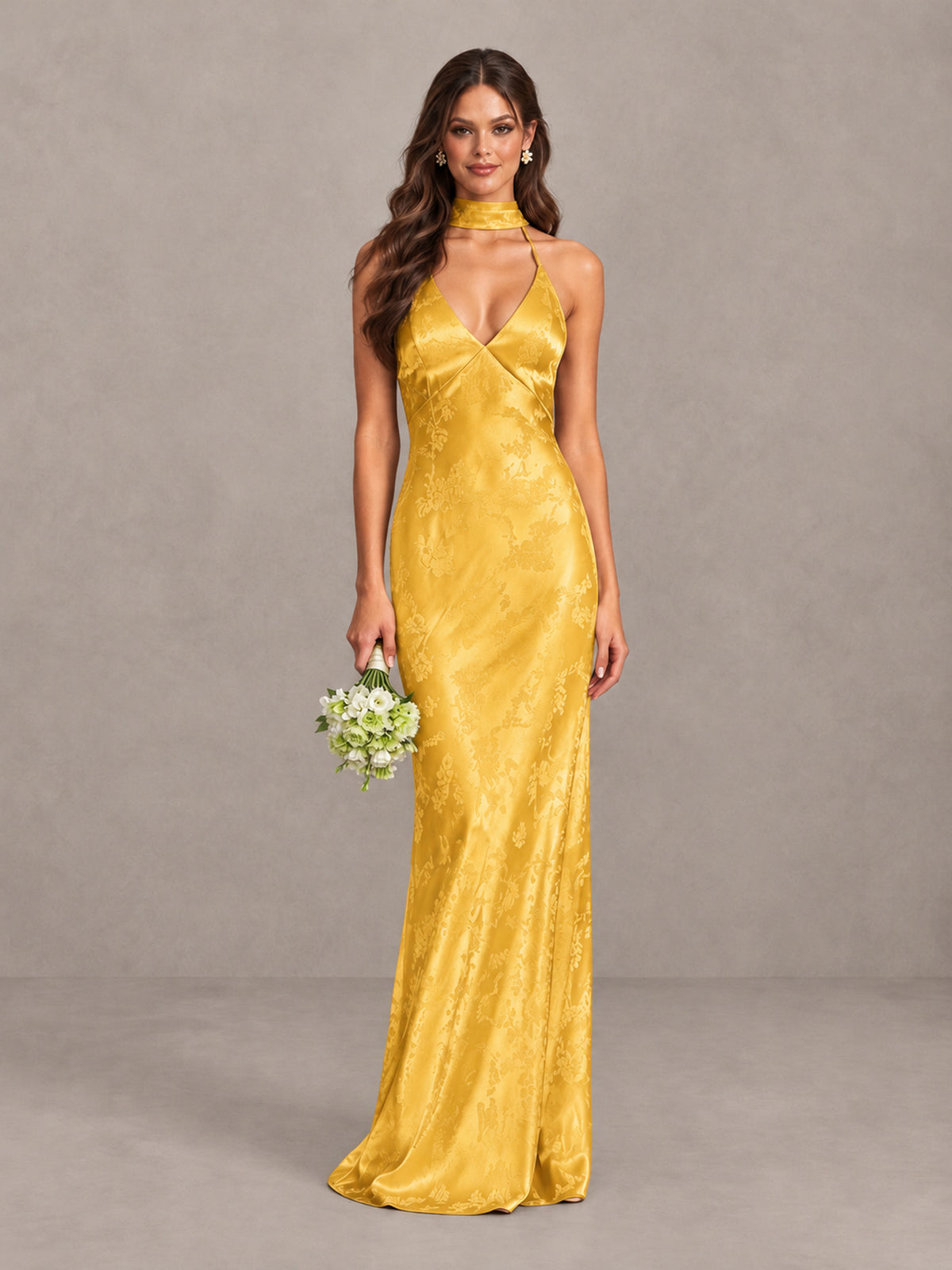 BOLODOO Yellow Floral Satin Open-Back Bridesmaid Dress - Yellow - Yellow_1