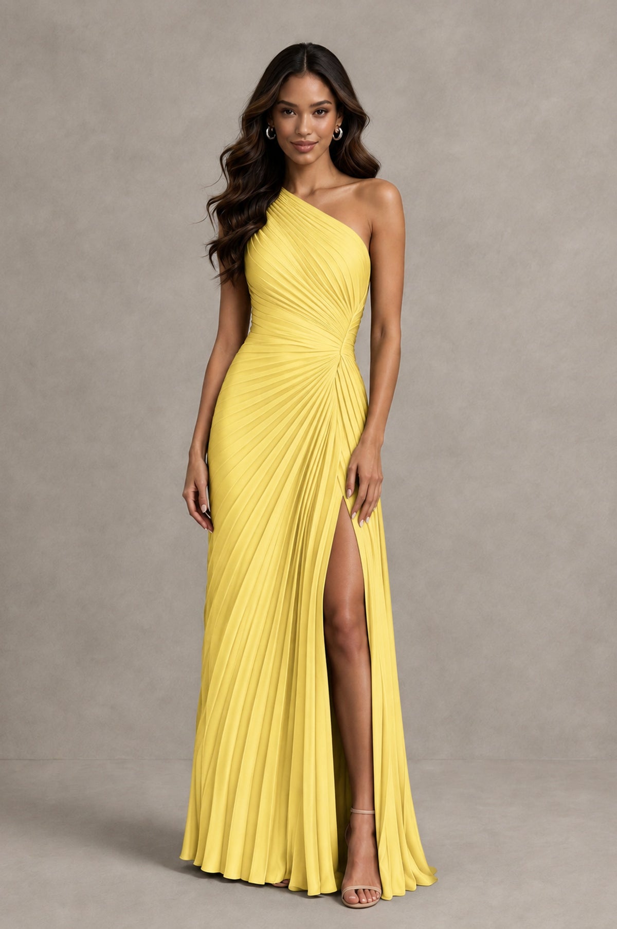 BOLODOO Yellow One Shoulder Pleated Evening Dress with Ruched Waist and High Slit - Yellow - Yellow_1