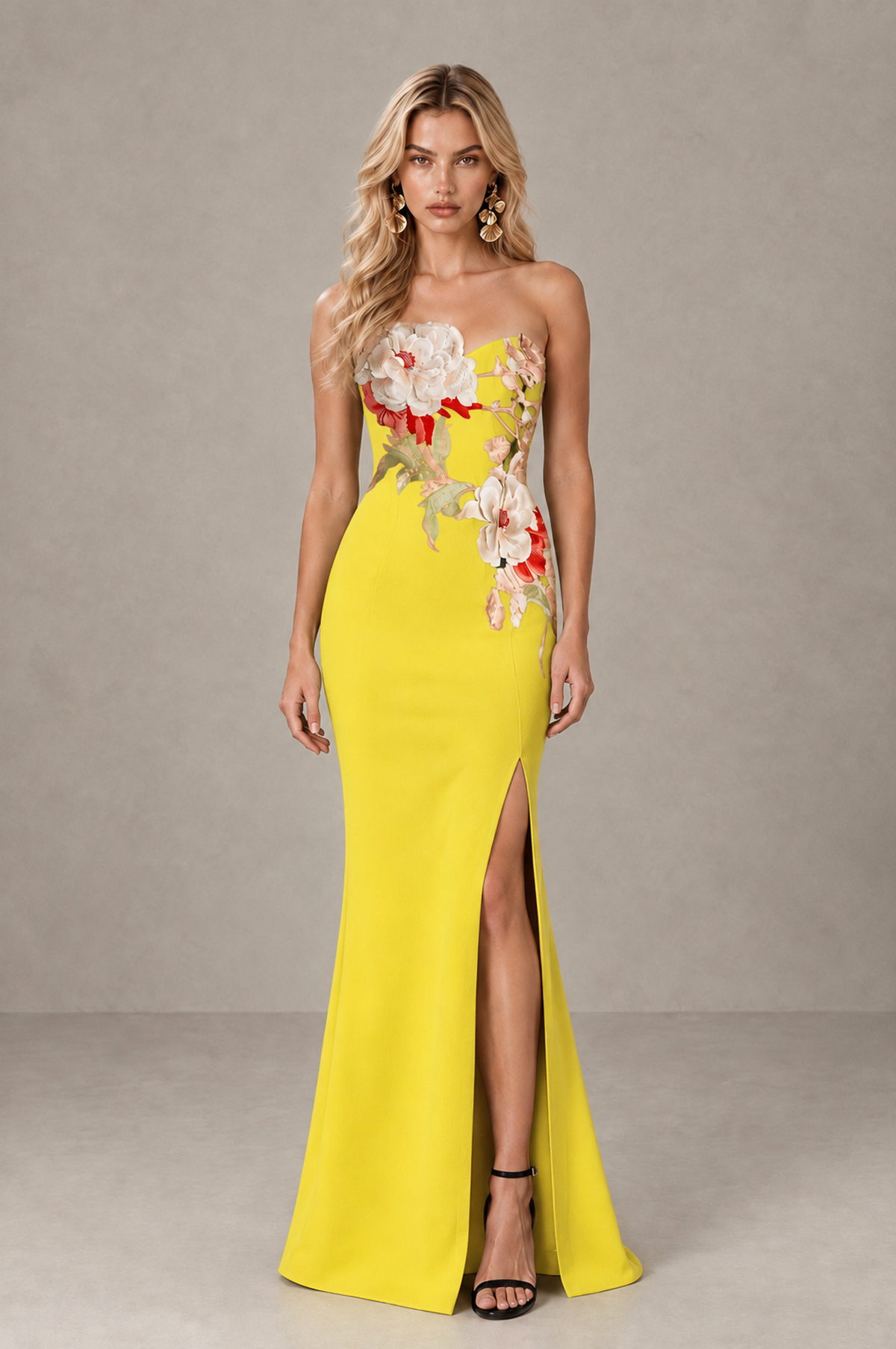 BOLODOO Yellow Strapless Floral Mermaid Evening Dress with Slit - Yellow - Yellow_1