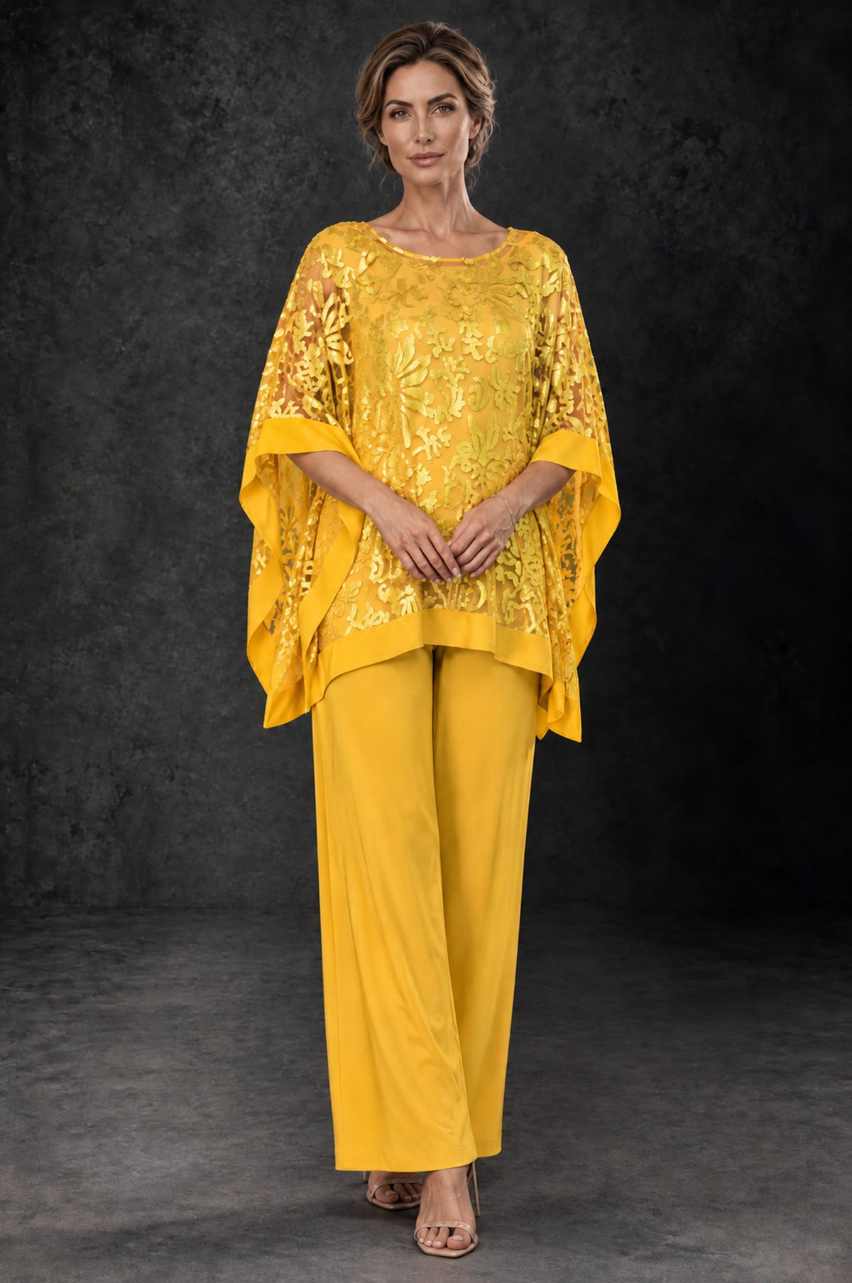BOLODOO Yellow Floral Cape Mother of the Bride Pant Suit - Yellow - Yellow_1
