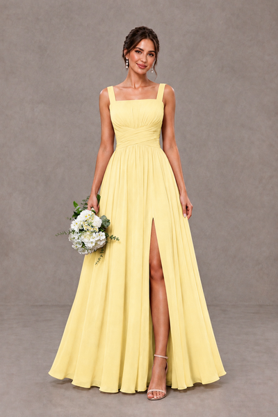 BOLODOO Yellow Square Neck A-Line Bridesmaid Dress with Slit - Yellow - Yellow_1