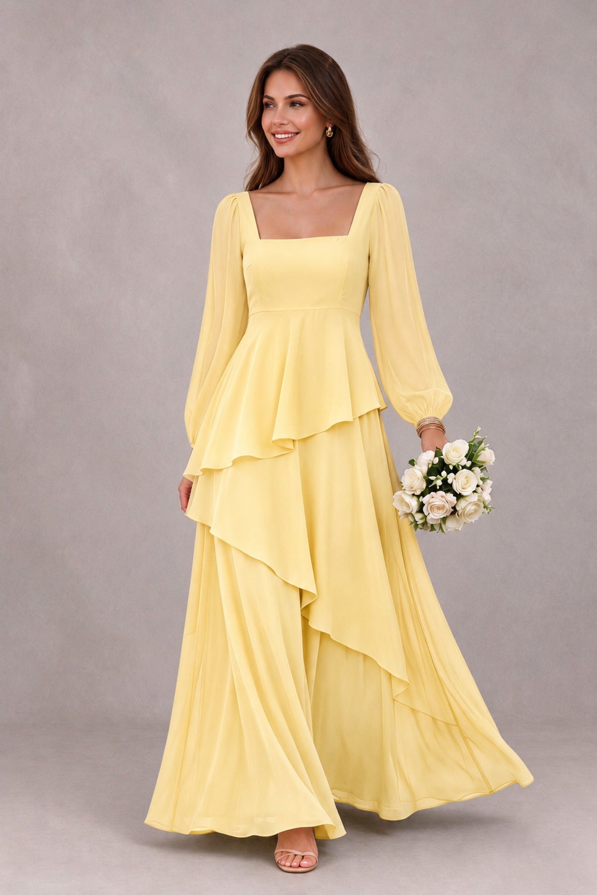 BOLODOO Yellow Long Sleeve Ruffle Bridesmaid Dresses - Yellow - Yellow_1
