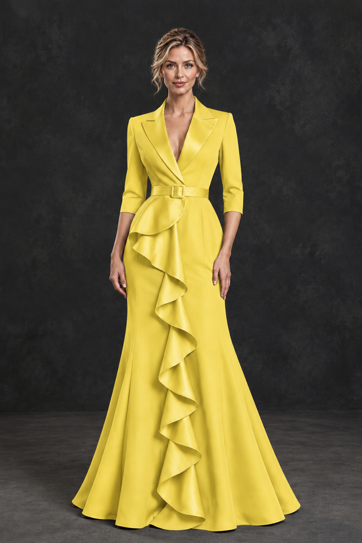 BOLODOO Yellow Lapel Ruffle Mother of the Bride Dress with Belt - Yellow - Yellow_1