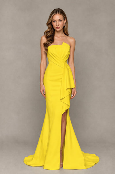 BOLODOO Yellow Strapless Mermaid Evening Dress with Ruffle Slit and Train - Yellow - Yellow_1