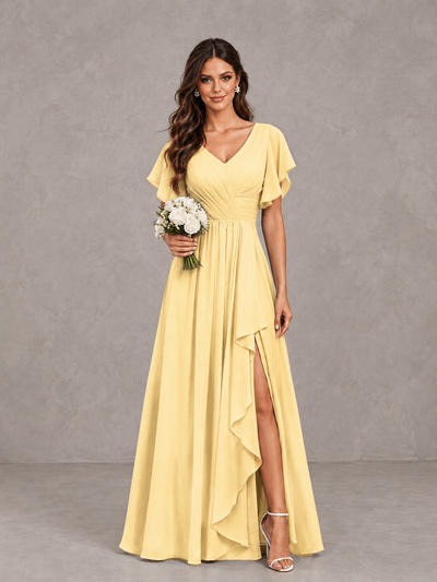 BOLODOO Yellow Flutter Sleeve V-Neck Bridesmaid Dress with Ruffle Slit - Yellow - Yellow_1
