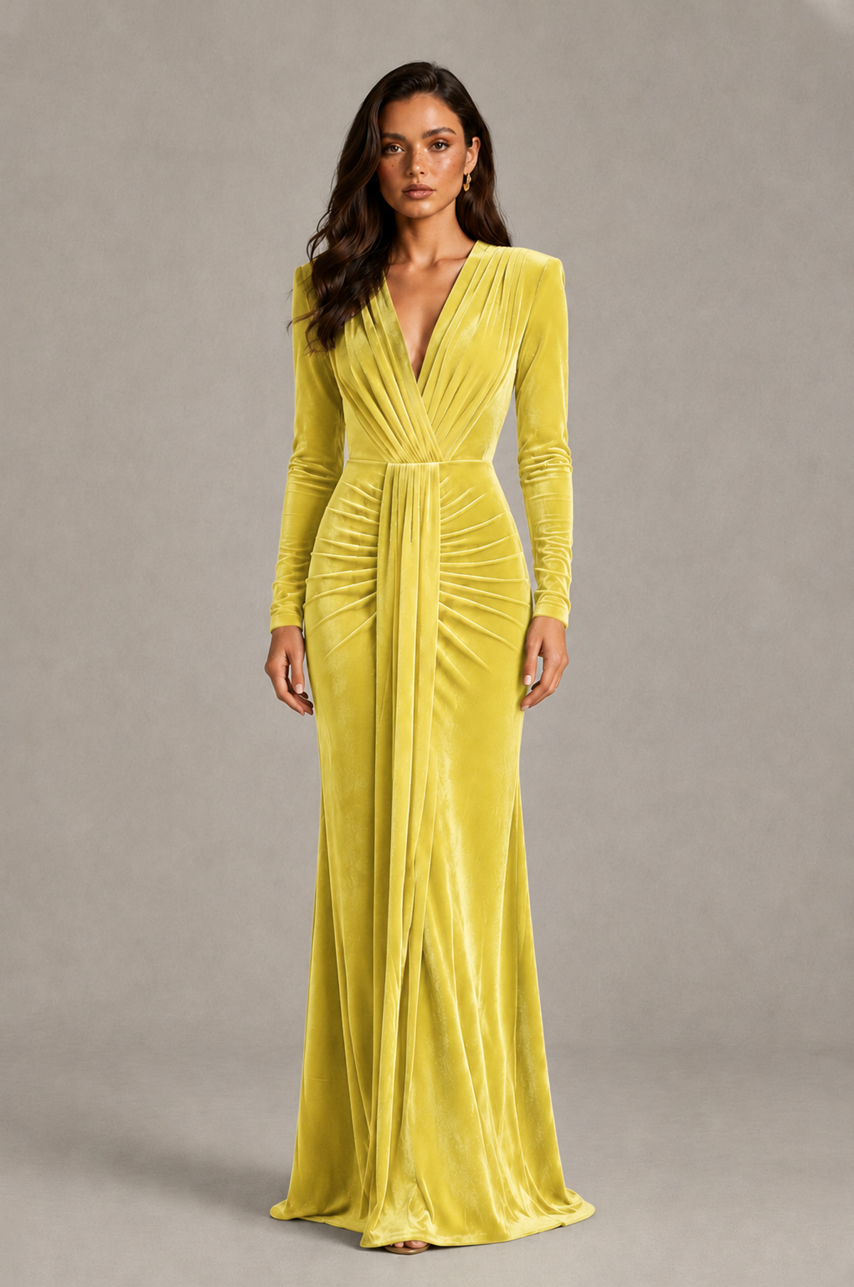 BOLODOO Yellow Velvet Long Sleeve V-Neck Ruched Evening Gown - Yellow