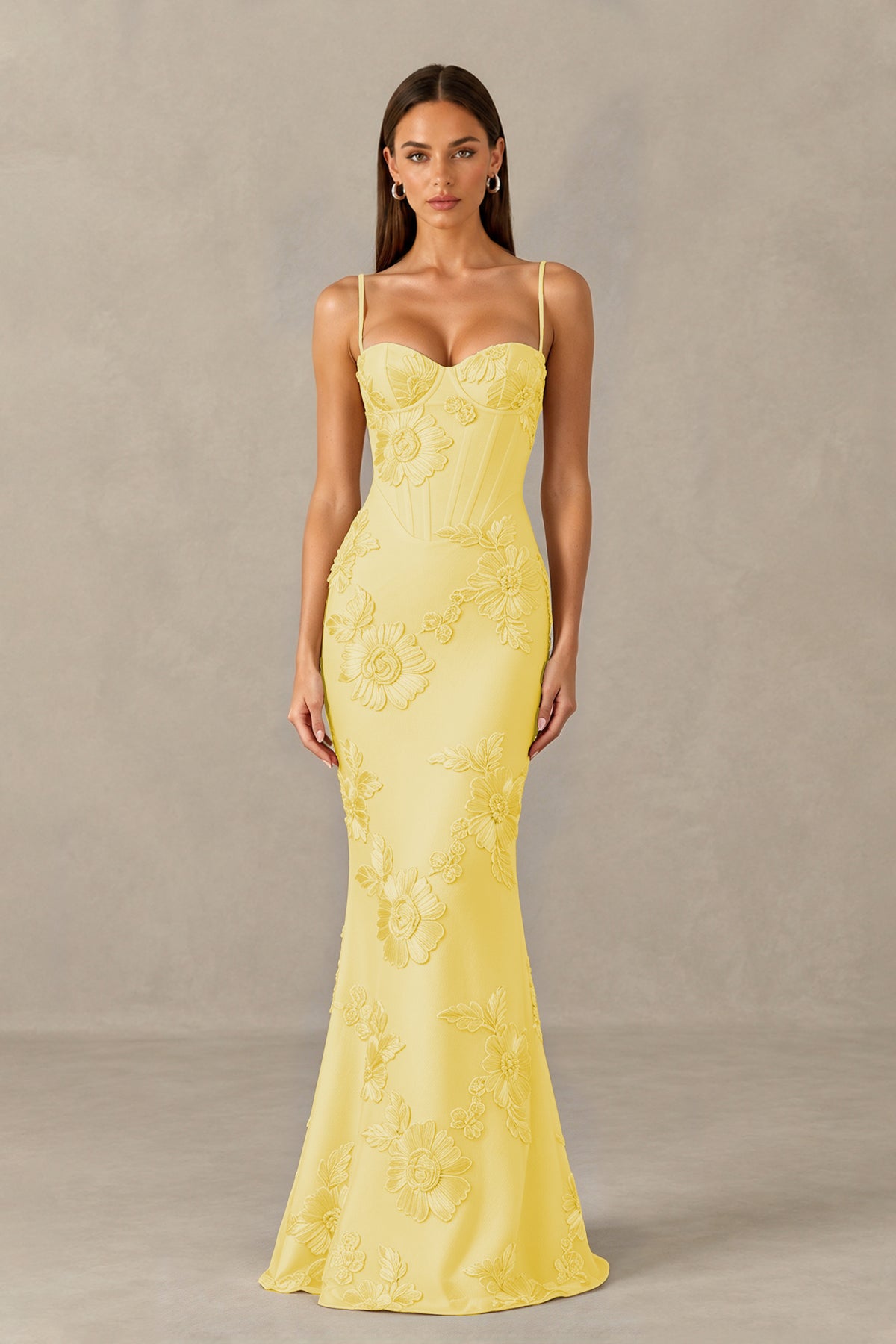 BOLODOO Yellow Floral Lace-Up Back Mermaid Maxi Dress - Yellow
