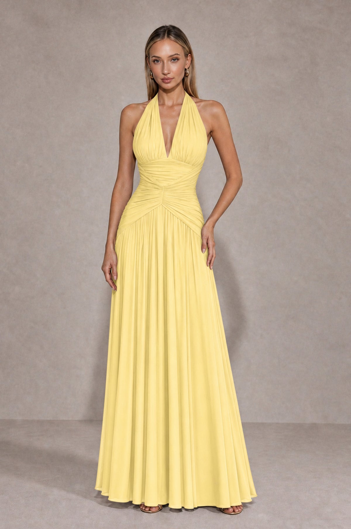 BOLODOO Yellow Chiffon Halter Deep V-Neck Ruched A-Line Backless Maxi Dress with Train-BD0167 - Yellow - Yellow_1