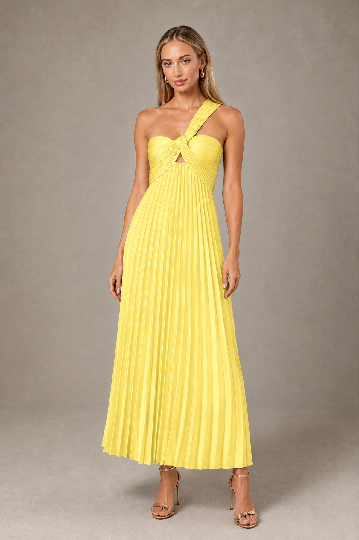 BOLODOO Yellow One-Shoulder Twist Knot Pleated Satin Midi Dress with Cutout - Yellow - Yellow_1