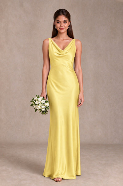 BOLODOO Yellow Cowl Neck Open Back Satin Bridesmaid Dress - Yellow - Yellow_1