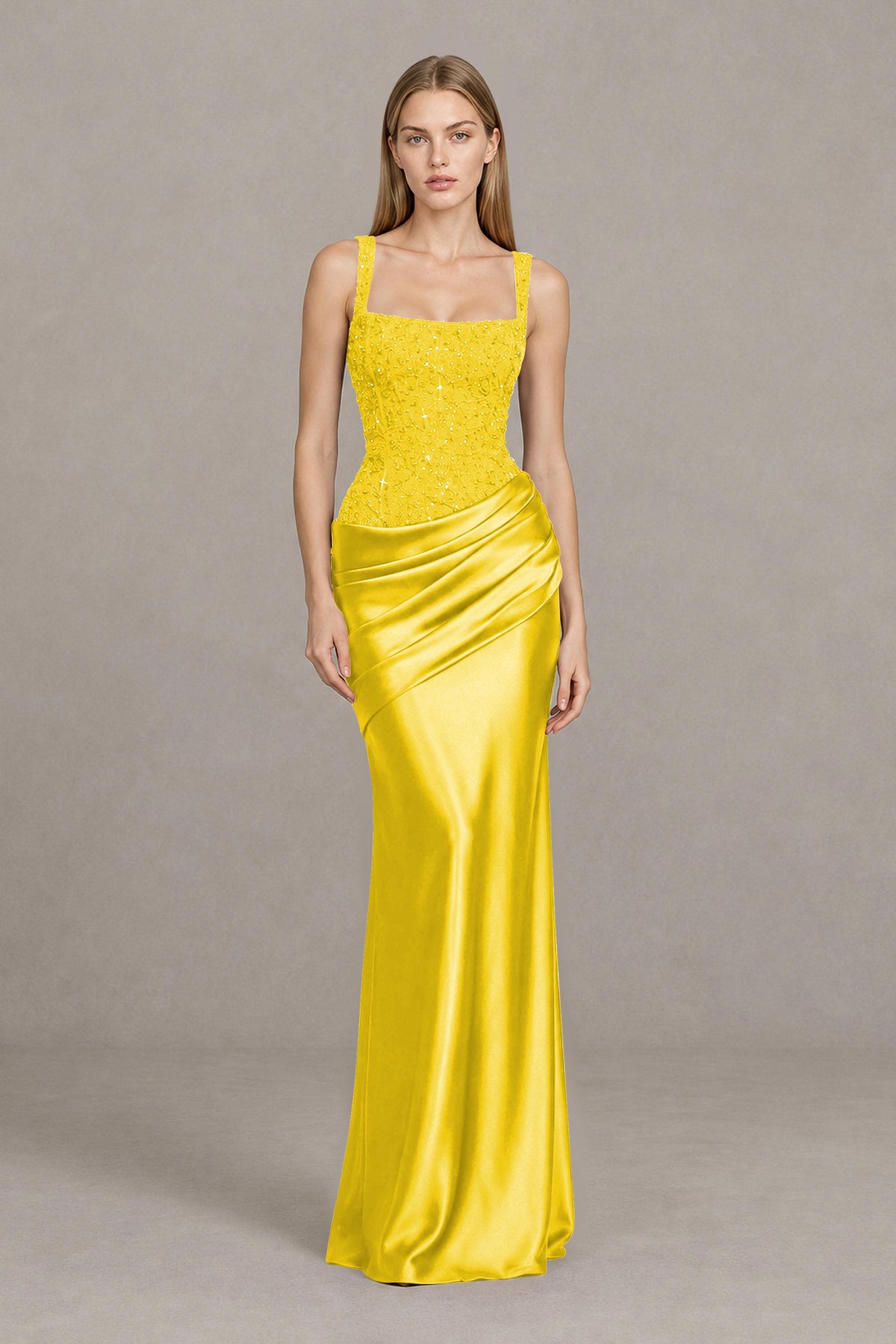 BOLODOO Yellow Square Neck Embellished Satin Evening Gown - Yellow