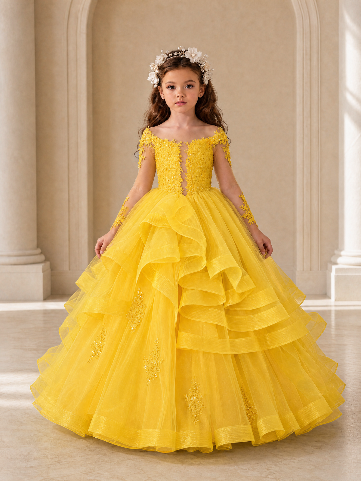BOLODOO Yellow Lace Long Sleeve Tiered Flower Girl Dress - Yellow - Yellow_1