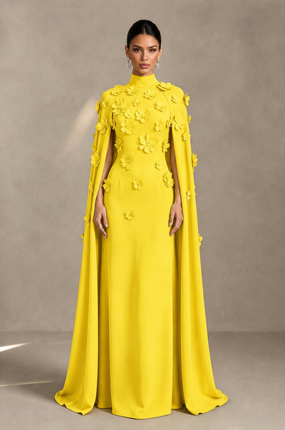 BOLODOO Yellow 3D Floral Applique Cape Formal Dress - Yellow - Yellow_1