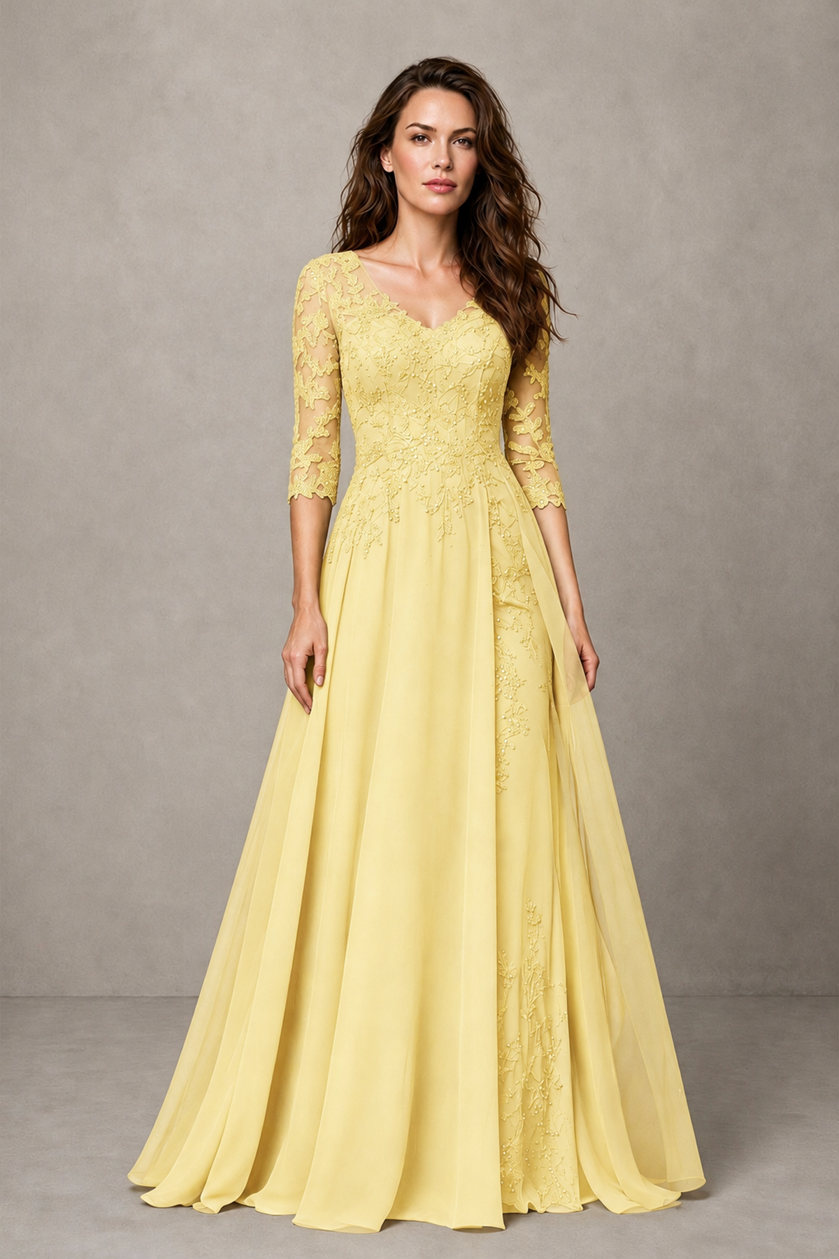 BOLODOO Midnight Yellow Beaded Lace Appliqué Chiffon A-Line Gown | Mother of the Bride & Formal Evening Dress - Yellow - Yellow_1