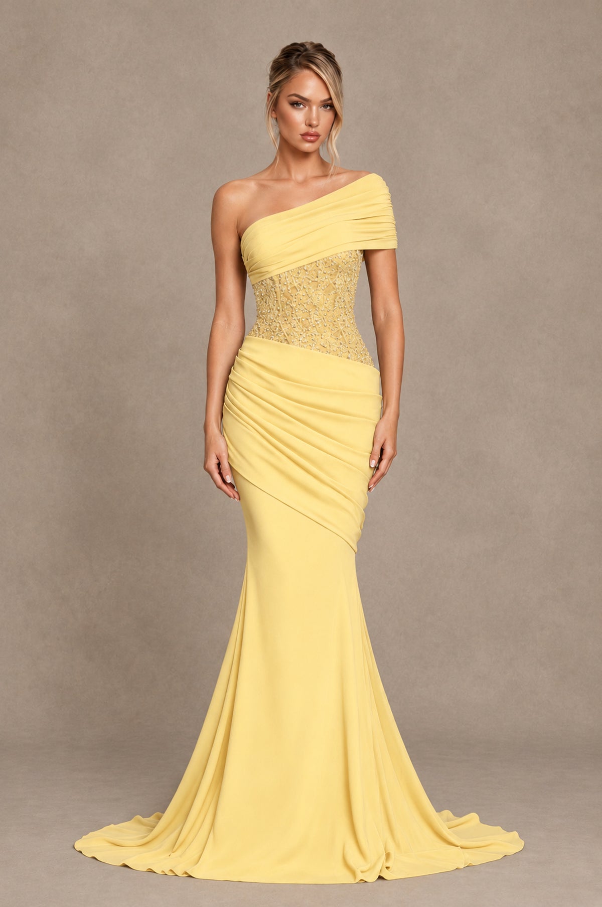 BOLODOO Yellow One-Shoulder Sequin Embroidered Ruched Mermaid Gown with Train - Yellow - Yellow_1