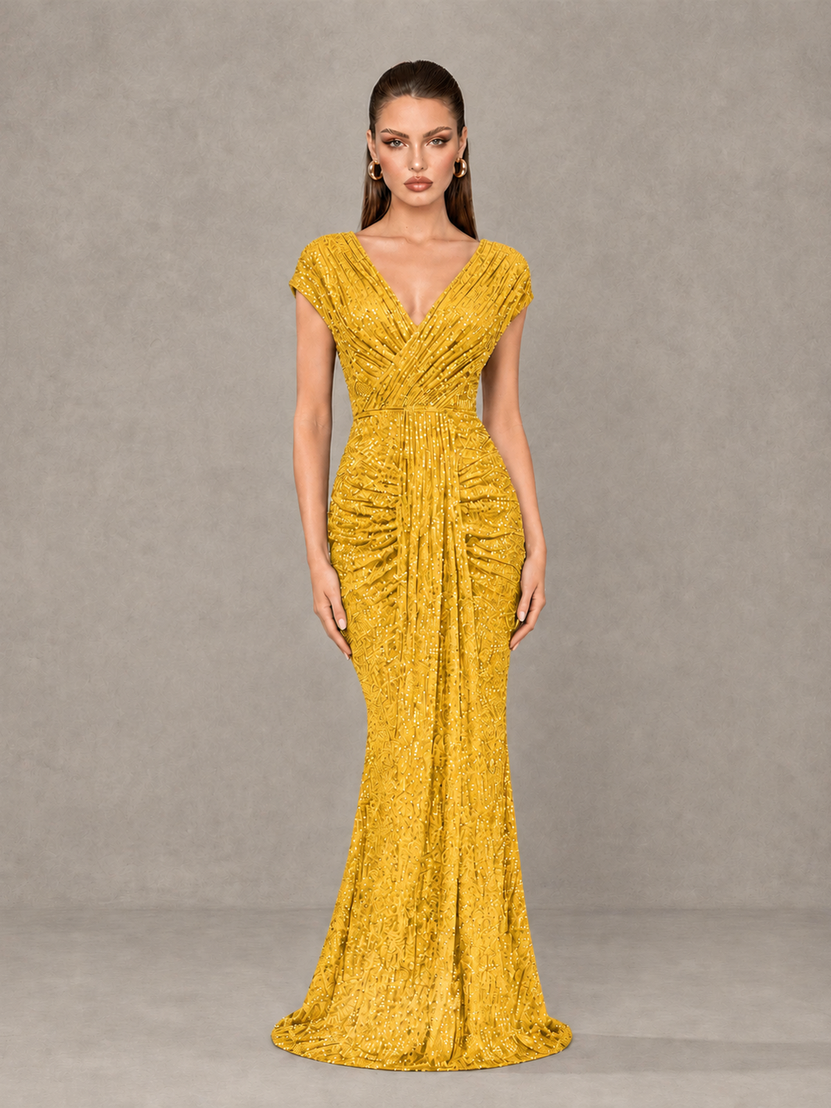 BOLODOO Yellow Glitter V-Neck Cap Sleeve Ruched Mermaid Evening Gown - Yellow - Yellow_1