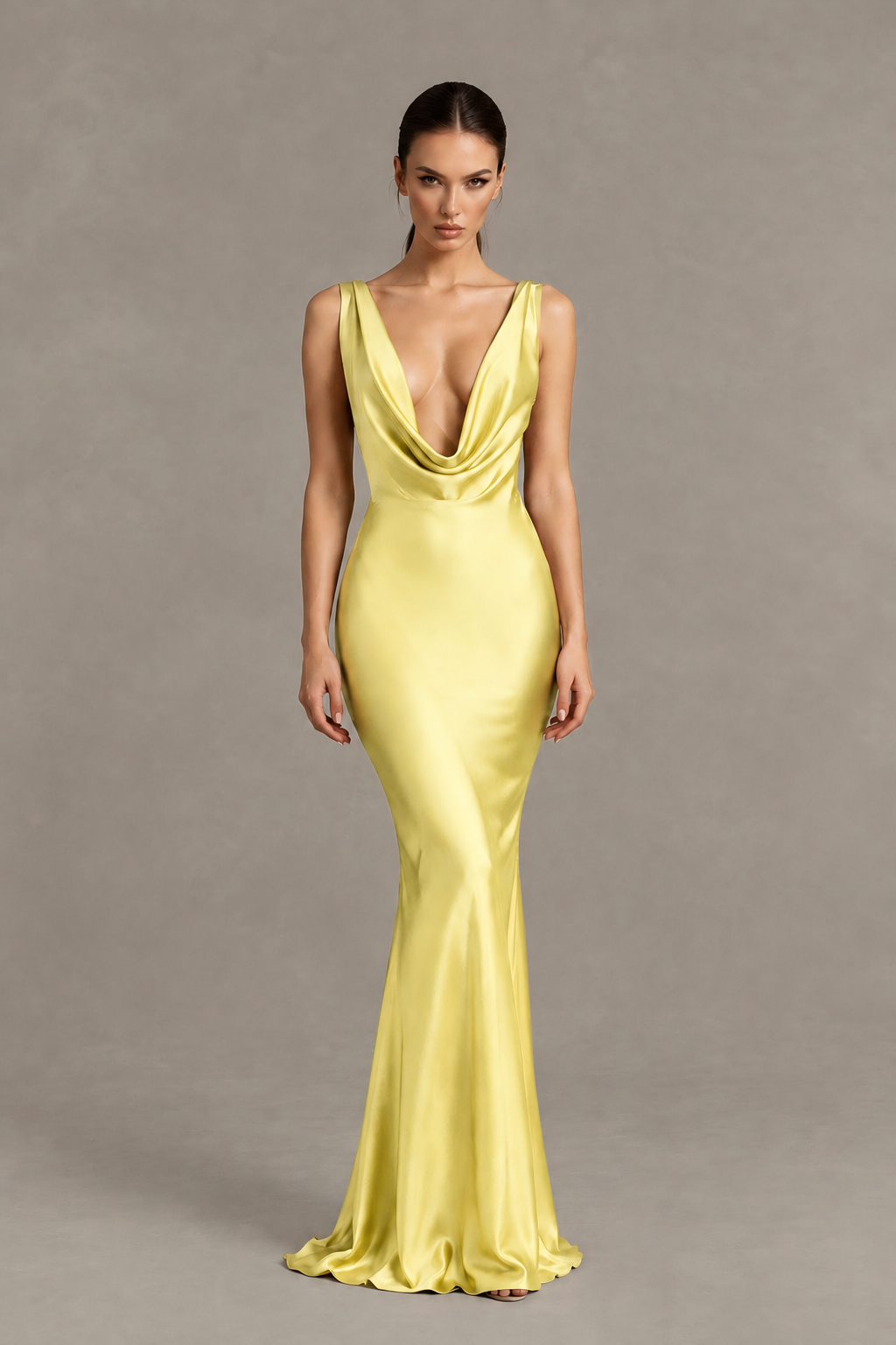 BOLODOO Yellow Cowl Neck Backless Satin Mermaid Evening Dress - Yellow - Yellow_1