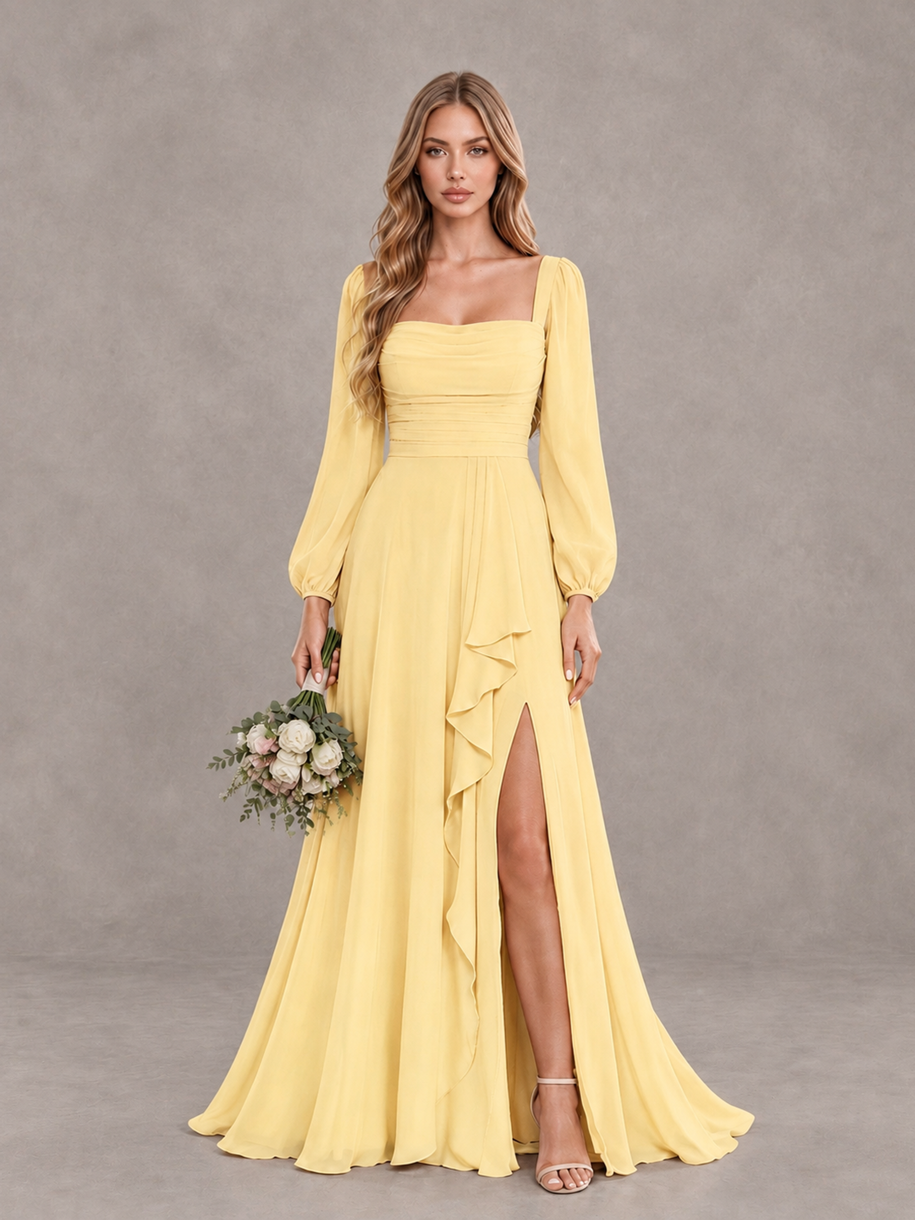 Yellow Long Sleeve Bridesmaid Dress with Ruffle Slit | BOLODOO