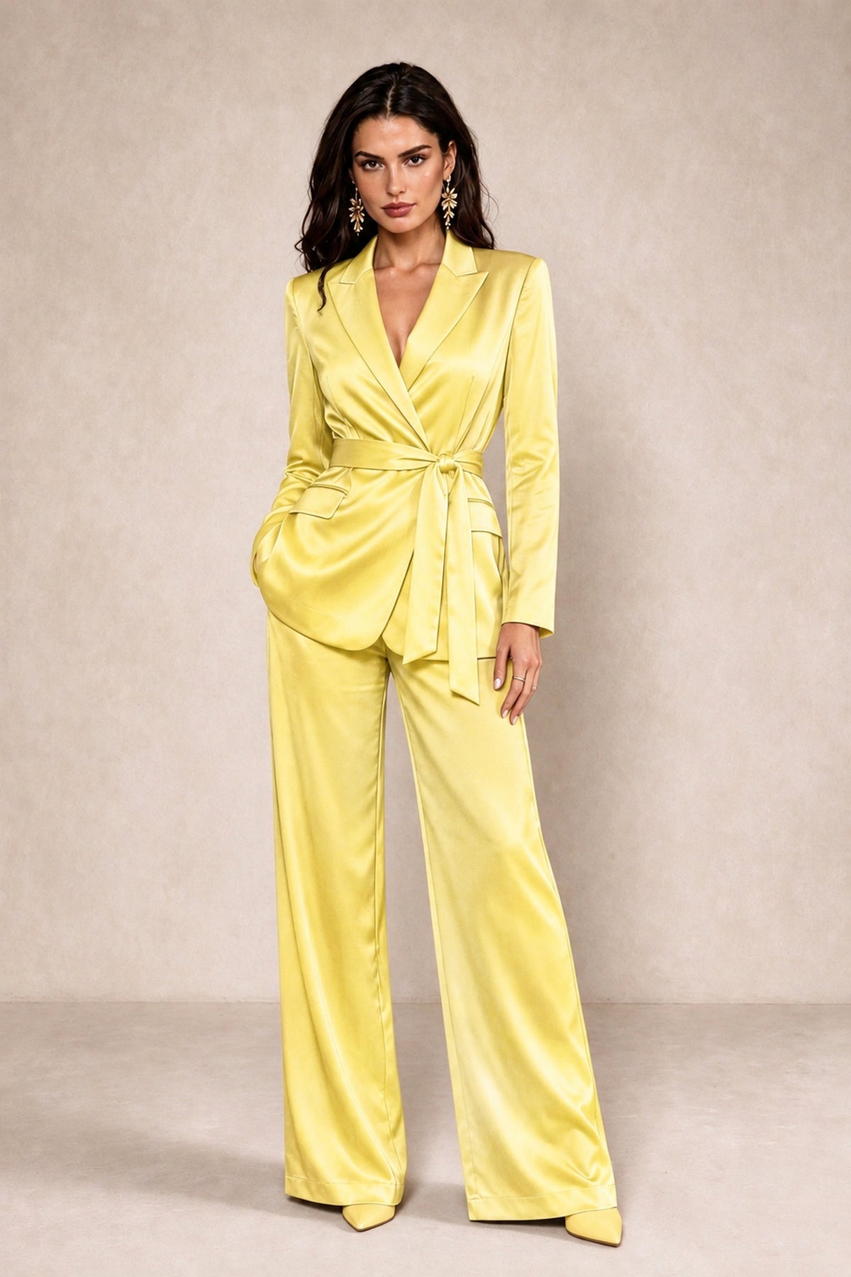 BOLODOO Yellow Satin Wrap Blazer Wide-Leg Pants Two-Piece Suit Set – Evening Gala Wedding Guest - Yellow - Yellow_1