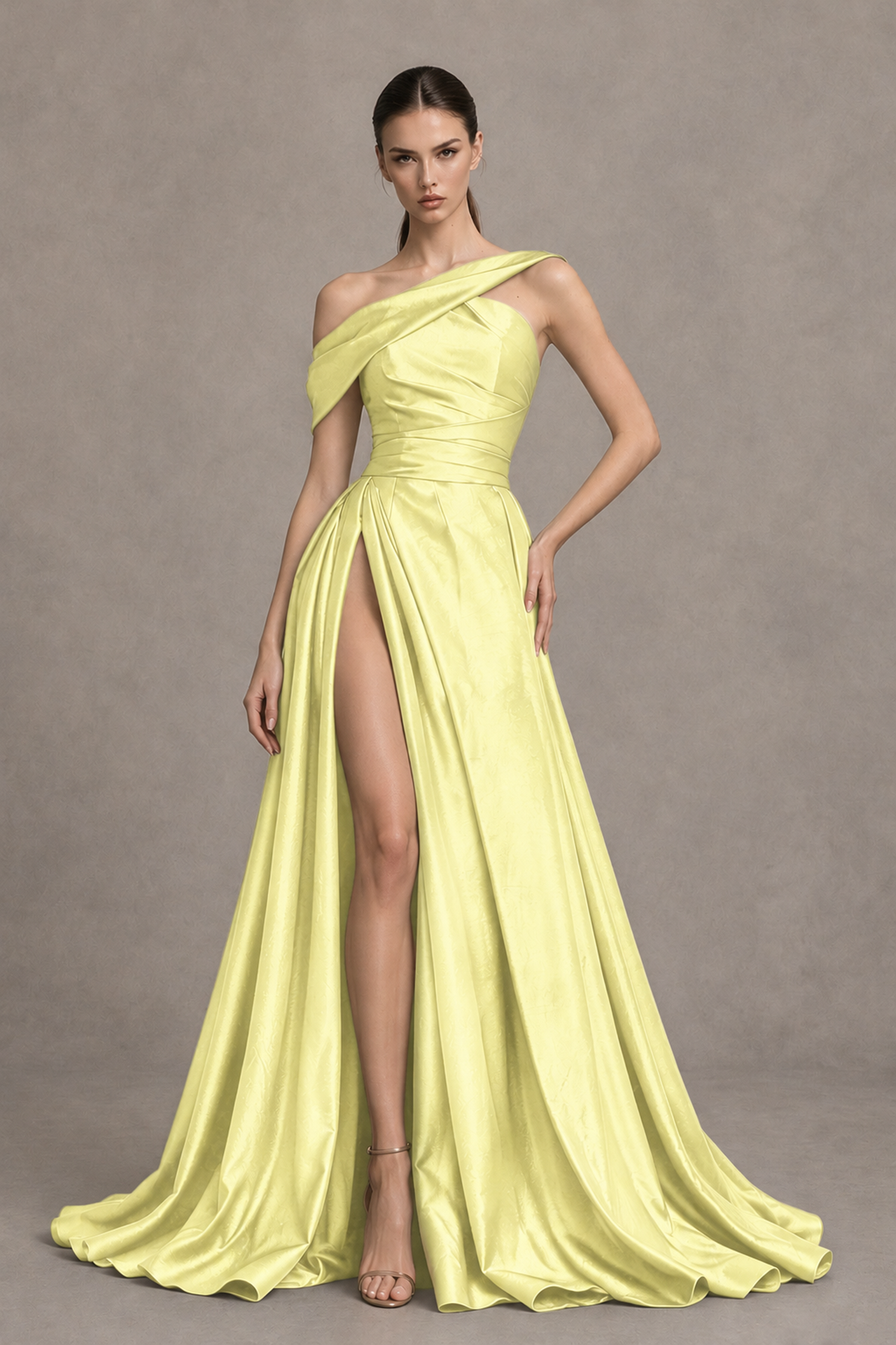 BOLODOO Yellow Asymmetric Satin-Look A-Line Prom Dress with High Slit - Yellow - Yellow_1