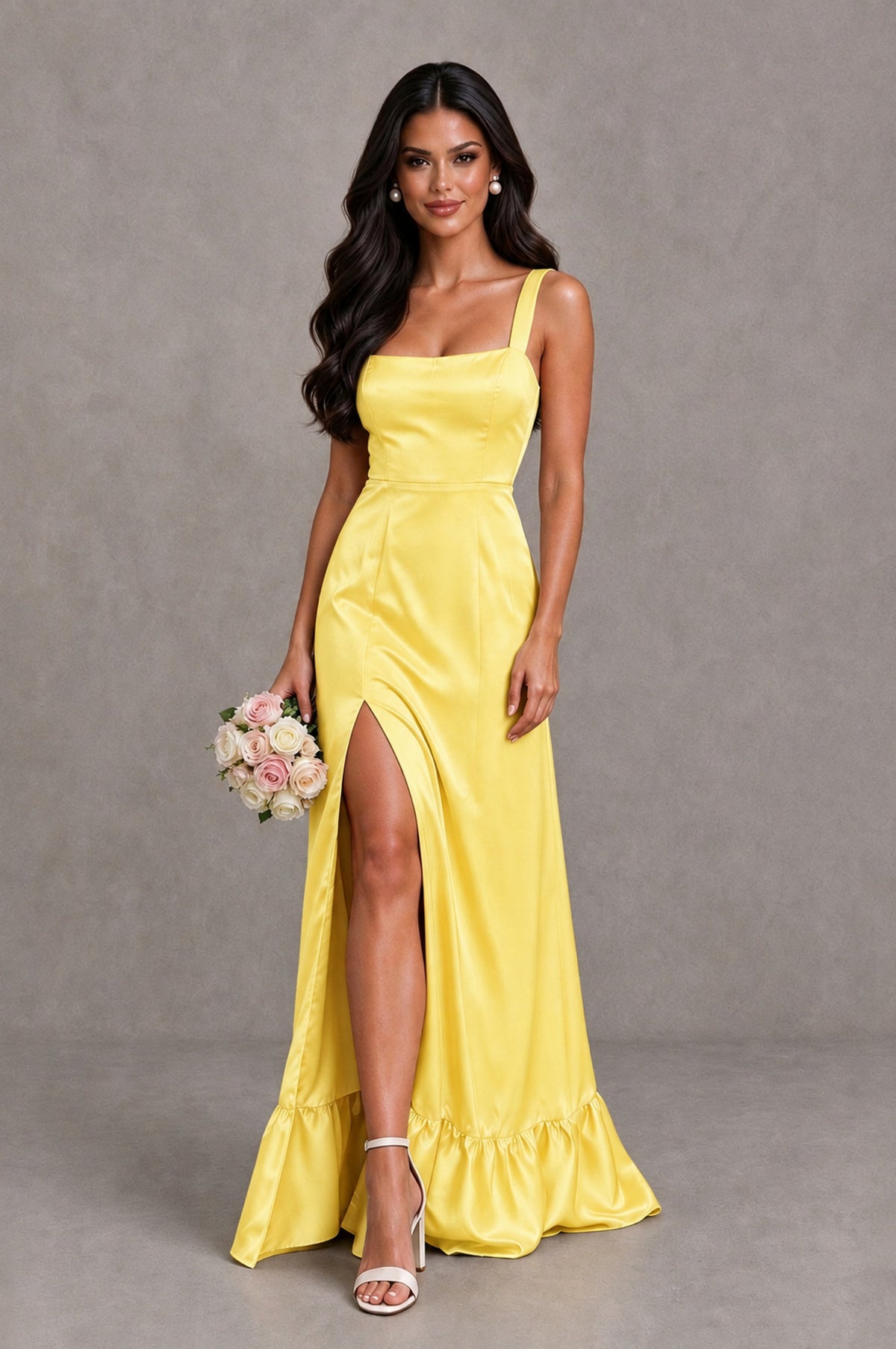BOLODOO Yellow Square Neck Satin Evening Dress with Lace-Up Back and High Slit - Yellow - Yellow_1