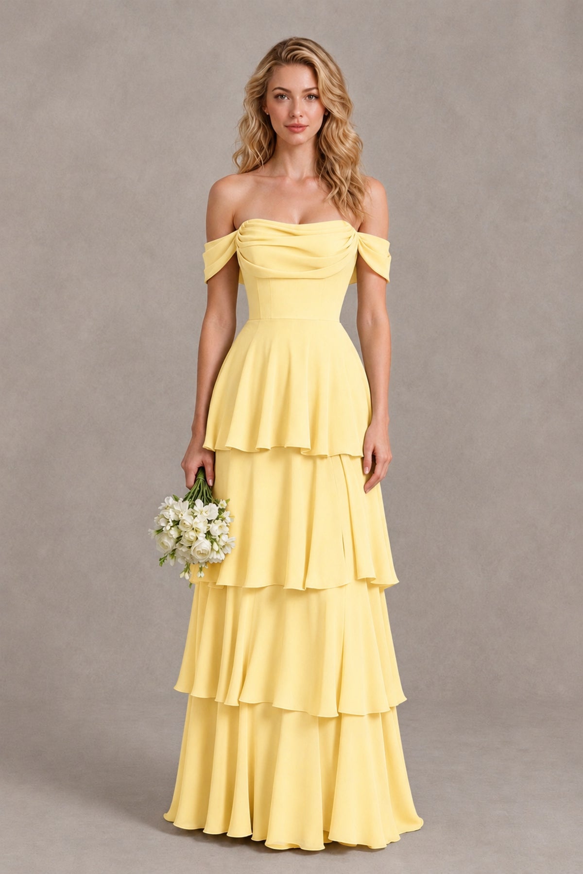 BOLODOO Yellow Off-the-Shoulder Tiered A-Line Evening Bridesmaid Dress - Yellow - Yellow_1