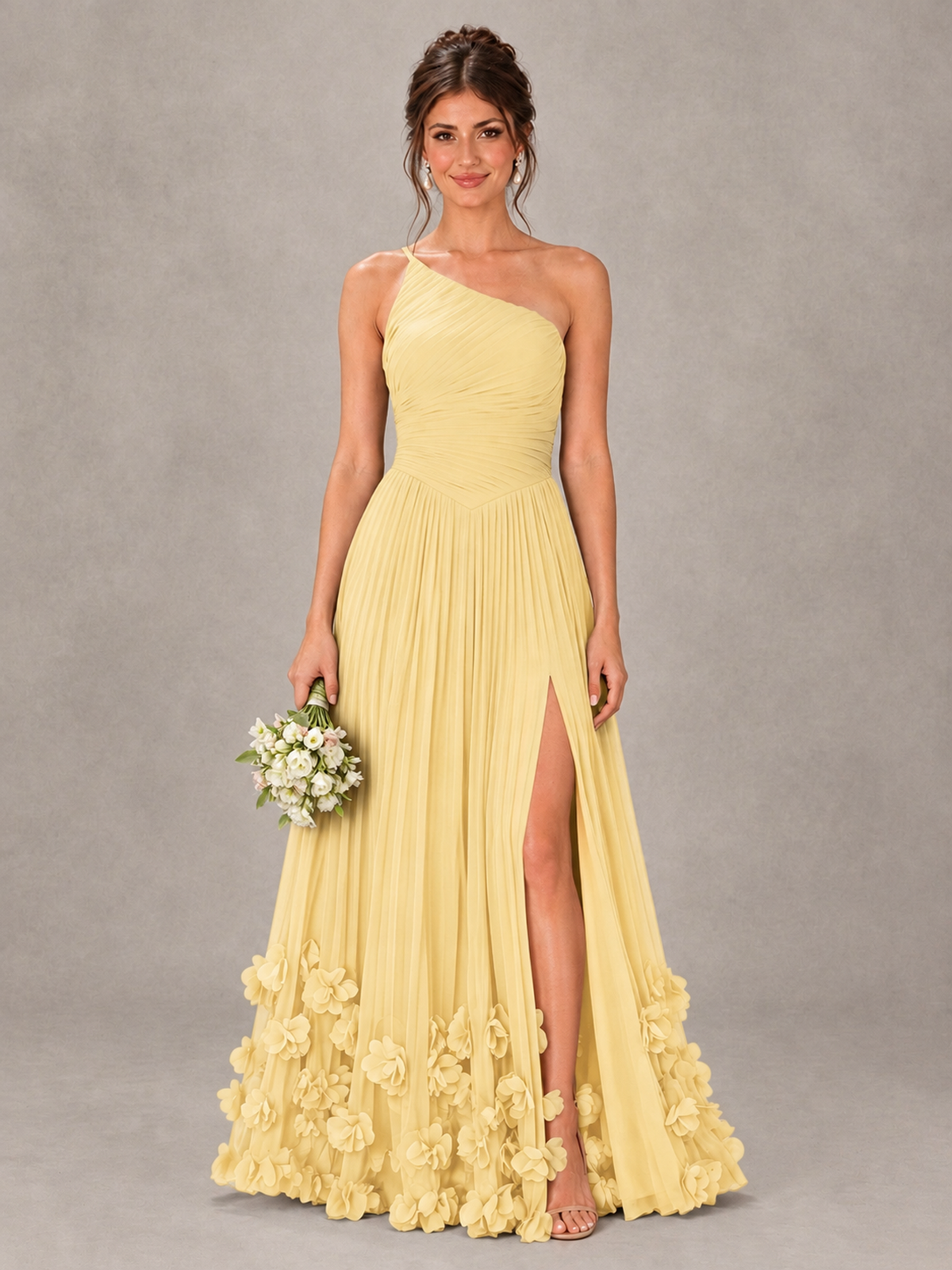 BOLODOO Yellow One-Shoulder Pleated Bridesmaid Dress with 3D Floral Hem - Yellow - Yellow_1