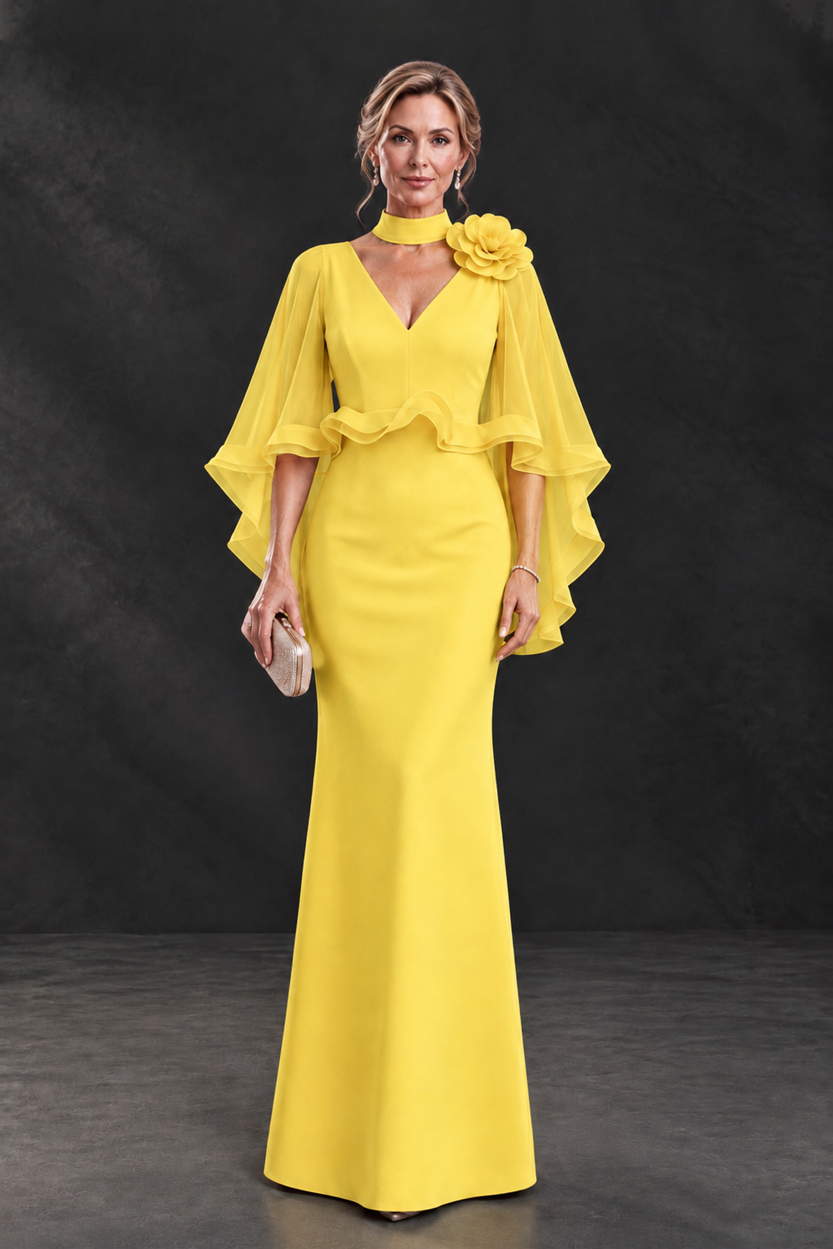 BOLODOO Yellow Floral Cape Sleeve Mother of the Bride Dress - Yellow - Yellow_1