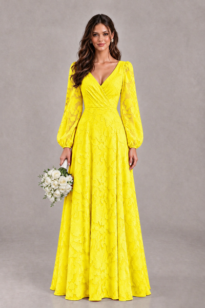 BOLODOO Yellow Long Sleeve V-Neck A-Line Mother of the Bride Dress - Yellow - Yellow_1
