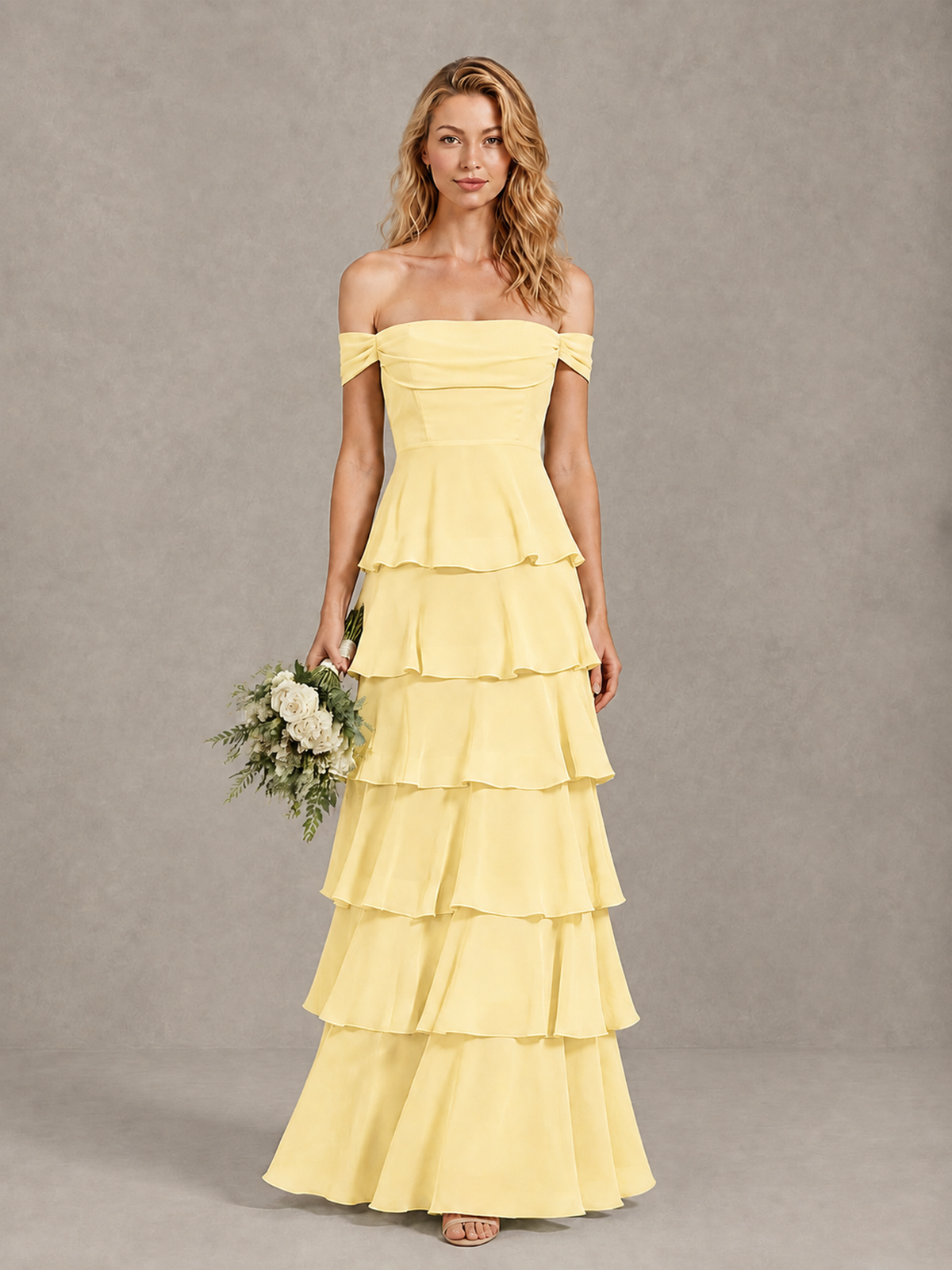 BOLODOO Yellow Off-Shoulder Tiered Ruffle Bridesmaid Dress with Lace-Up Back - Yellow - Yellow_1