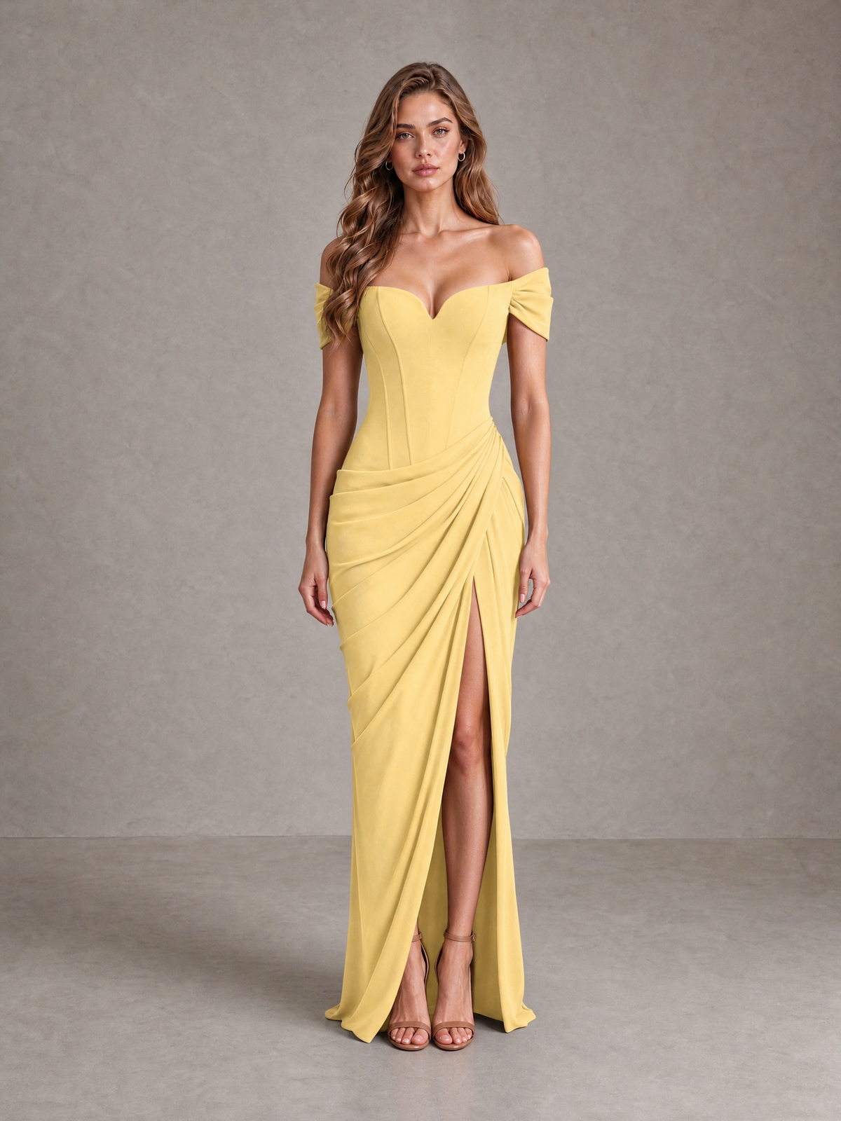 BOLODOO Yellow Off-Shoulder Ruched Corset Wedding Guest Dress with Slit - Yellow - Yellow_1