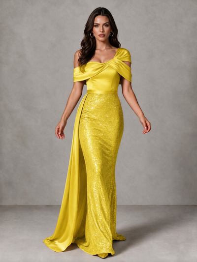BOLODOO Yellow Sequin Mermaid Evening Dress with Off-Shoulder Satin Drape and Sweep Train - Yellow - Yellow_1
